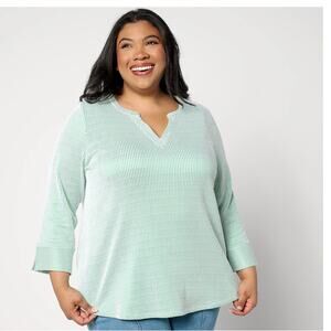 Joan Rivers Knit Seersucker 3/4-Sleeve Pullover Top - Green and White, Size XL